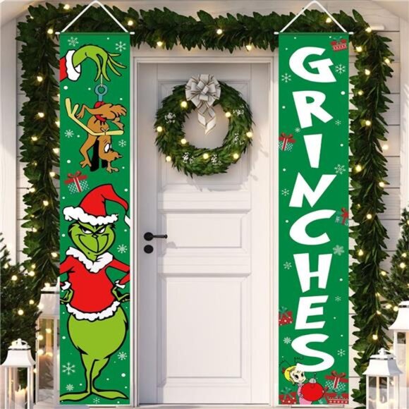 Grinches Christmas Banner, Xmas‎ Porch Door Sign for Indoor/Outdoor Decorations - Picture 1 of 8